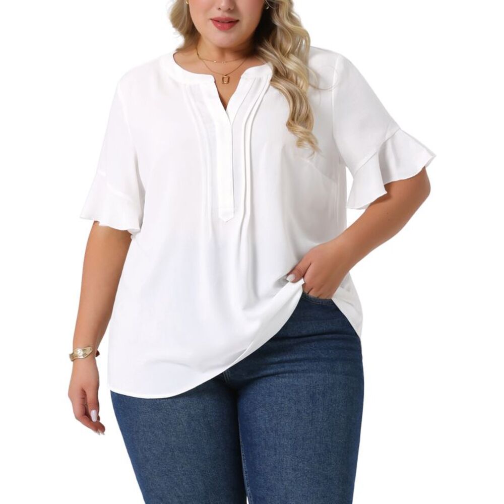 Women Plus Size Chiffon Ruffle V Neck Short Sleeve Blouse White